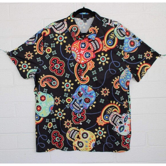 NWOT Ouku Men's 2XL Sugar Skull Day of the Dead Colorful Camp Shirt - Picture 1 of 5